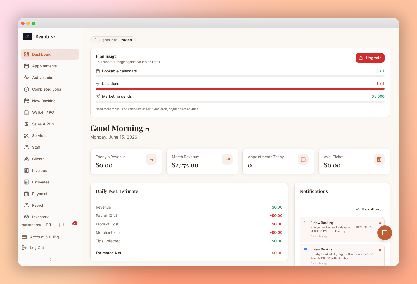 Beautifyx Dashboard screen
